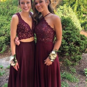 Burgundy prom dress lace detailing